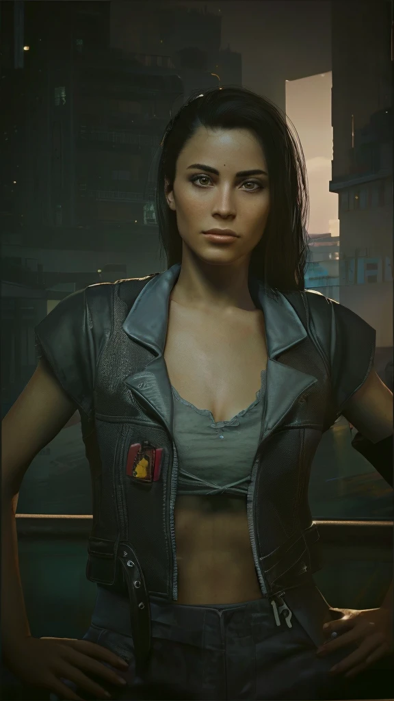 there is a woman in a leather jacket posing for a picture, wearing cyberpunk 2 0 7 7 jacket, cyberpunk judy alvarez, cyberpunk 2 0 7 7 character art, (cyberpunk 2077), in cyberpunk 2077, cyberpunk 2 0 y. o model girl, in cyberpunk 2 0 7 7 cp 2 0 7 7, cyberpunk art ultrarealistic 8k