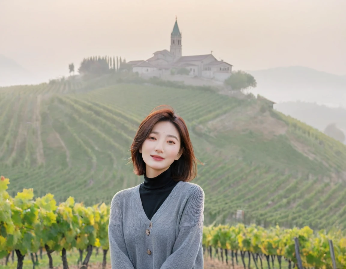 8k best picture quality, Beautiful 36-year-old Korean woman, short and nice weather. Chest size 34 inches, Dense fog at dawn in the Italian countryside, past the vineyard, The cathedral is visible in the fog in the distance., The back background is realistic and vivid quality., Short and medium hair blowing in the wind, travel jumper, Jeans that are comfortable for traveling, a faint smile. the background is clear, Short and slim Korean woman, stand far away, Photo taken with a wide-angle lens, Taken from a hill overlooking a misty vineyard