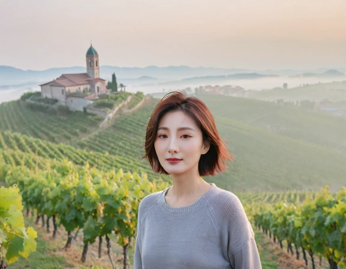 8k best picture quality, Beautiful 36-year-old Korean woman, short and nice weather. Chest size 34 inches, Dense fog at dawn in the Italian countryside, past the vineyard, The cathedral is visible in the fog in the distance., The back background is realistic and vivid quality., Short and medium hair blowing in the wind, travel jumper, Jeans that are comfortable for traveling, a faint smile. the background is clear, Short and slim Korean woman, stand far away, Photo taken with a wide-angle lens, Taken from a hill overlooking a misty vineyard