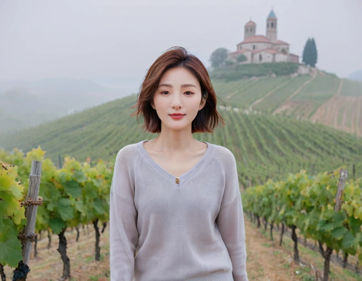 8k best picture quality, Beautiful 36-year-old Korean woman, short and nice weather. Chest size 34 inches, Dense fog at dawn in the Italian countryside, past the vineyard, The cathedral is visible in the fog in the distance., The back background is realistic and vivid quality., Short and medium hair blowing in the wind, travel jumper, Jeans that are comfortable for traveling, a faint smile. the background is clear, Short and slim Korean woman, stand far away, Photo taken with a wide-angle lens, Taken from a hill overlooking a misty vineyard