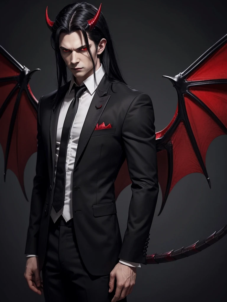 a male vampire, pale, dragon wings, heart tipped demon tail, high quality, great resolution, serious look, Red eyes, medium horns, long black hair, count suit
