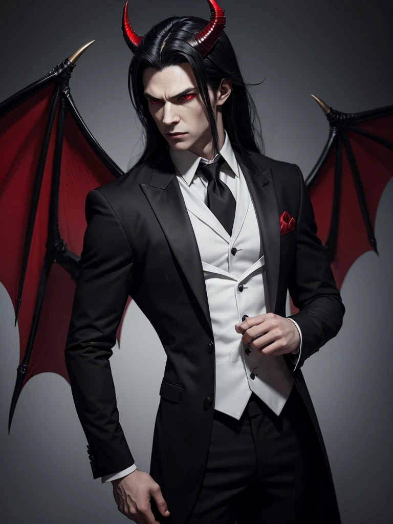 a male vampire, pale, dragon wings, heart tipped demon tail, high quality, great resolution, serious look, Red eyes, medium horns, long black hair, count suit