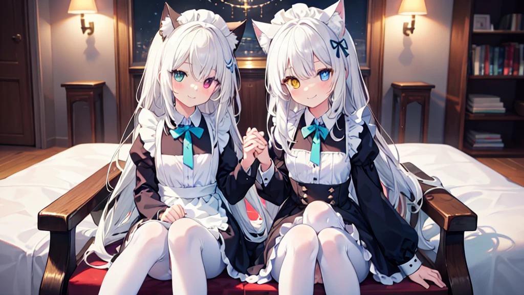 Maid costume，White pantyhose，White hair，Long hair，Cat ear，Heterochromia blue-yellow，Smile，Female face，There are bright spots in the eyes，Female hands，White little hands，Normal fingers，flat chest，2 people，in the room