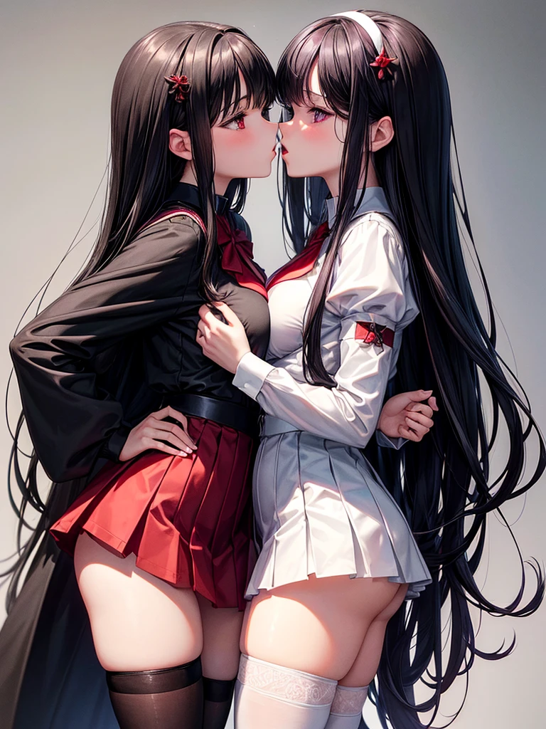 ((best quality)), ((Masterpiece)), (details), 2 girls, The first one has long black hair.,red eyes,big breasts,Slim figure,small hips,wearing a red school uniform,Put on white stockings, Two people with short black hair,purple eyes,small hips,Wear a green ,Wear black stockings,Kiss each other,blackground sakura