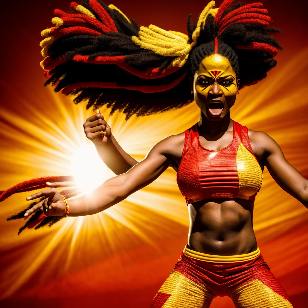 African goddess of war, angry face, red and yellow clothes, white background, rays, wind, light, samba school, rays in the background