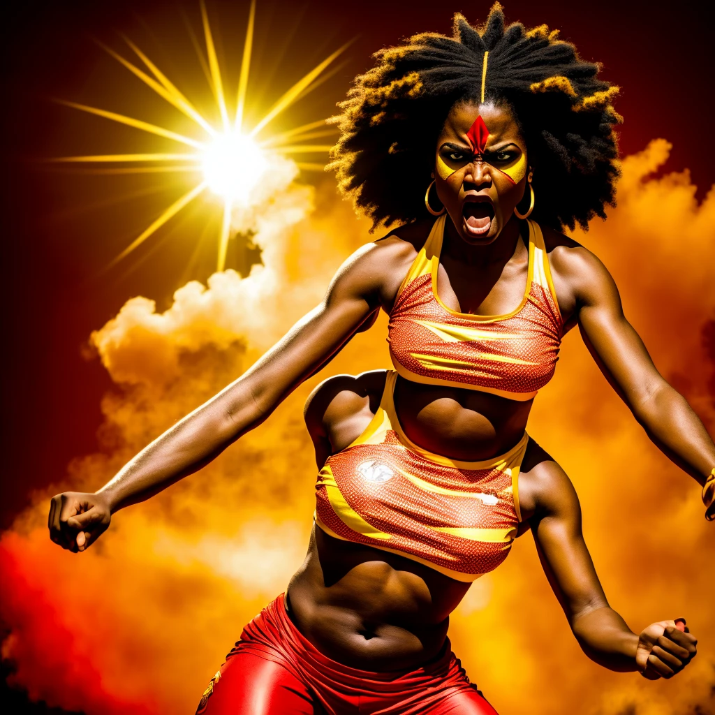 African goddess of war, angry face, red and yellow clothes, white background, rays, wind, light, samba school, rays in the background