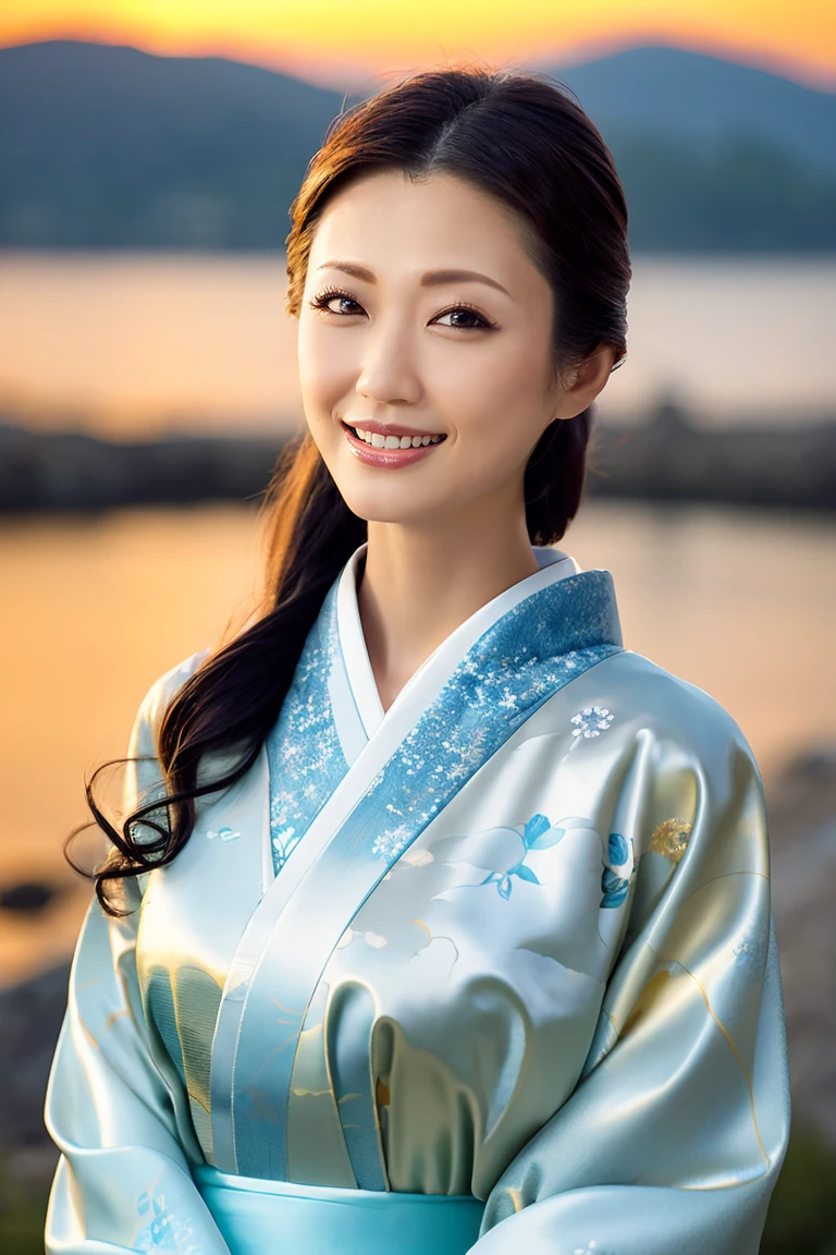 (Highest quality、Tabletop、8K、Best image quality、Award-winning works)、(One beautiful mature woman:1.1)、Adult face、(Innkeeper:1.1)、(A top-quality white kimono with an elegant floral pattern:1.2)、(A kimono with a perfect and precise collar:1.2)、Perfect mature woman portrait photo、Glowing Skin、Standing Elegantly、(Strongly blurred sunset castle town background:1.3)、(Spectacular Cinema Lighting:1.1)、(Tyndall effect:1.1)、(The most moody and romantic:1.1)、(Vivid beautiful sunset:1.2)、(Strongly blurred background:1.2)、Glowing Skin、Very beautiful skin、(Accentuate your body lines:1.1)、(The most graceful posture:1.2)、(Large Breasts:1.2)、A perfect smile、Perfect beautiful glossy lips、(Accurate anatomy:1.2)、(A perfect and elegant outfit:1.1)、(Standing with good posture:1.1)、(Beautiful, elegant and top-quality patterned kimono:1.2)、、(Perfect and natural beautiful sleeves:1.2)、(A perfect and natural beautiful collar:1.2)、(Perfect and natural beautiful sleeves:1.2)、(An elegant and high-quality patterned kimono obi:1.4)、(A perfect and natural beautiful kimono obi:1.1)、(Chignon:1.2)、(Close-up of face:1.4)、(A smile looking at me:1.2)