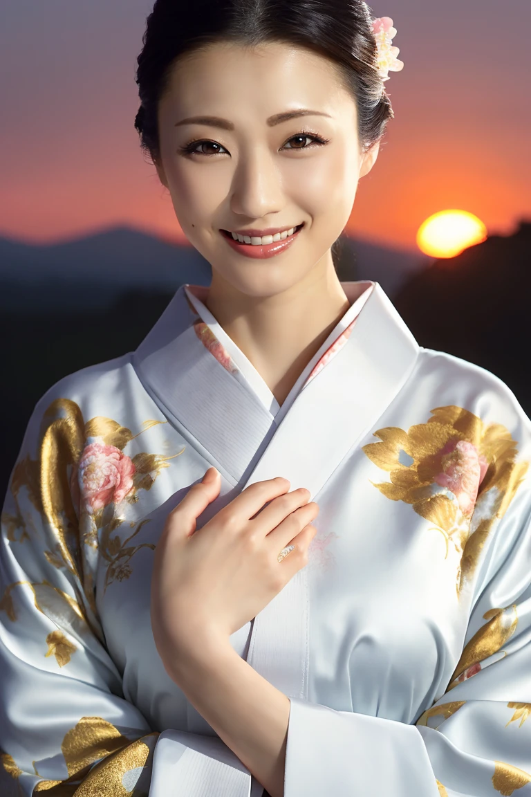 (Highest quality、Tabletop、8K、Best image quality、Award-winning works)、(One beautiful mature woman:1.1)、Adult face、(Innkeeper:1.1)、(A top-quality white kimono with an elegant floral pattern:1.2)、(A kimono with a perfect and precise collar:1.2)、Perfect mature woman portrait photo、Glowing Skin、Standing Elegantly、(Strongly blurred sunset castle town background:1.3)、(Spectacular Cinema Lighting:1.1)、(Tyndall effect:1.1)、(The most moody and romantic:1.1)、(Vivid beautiful sunset:1.2)、(Strongly blurred background:1.2)、Glowing Skin、Very beautiful skin、(Accentuate your body lines:1.1)、(The most graceful posture:1.2)、(Large Breasts:1.2)、A perfect smile、Perfect beautiful glossy lips、(Accurate anatomy:1.2)、(A perfect and elegant outfit:1.1)、(Standing with good posture:1.1)、(Beautiful, elegant and top-quality patterned kimono:1.2)、、(Perfect and natural beautiful sleeves:1.2)、(A perfect and natural beautiful collar:1.2)、(Perfect and natural beautiful sleeves:1.2)、(An elegant and high-quality patterned kimono obi:1.4)、(A perfect and natural beautiful kimono obi:1.1)、(Chignon:1.2)、(Close-up of face:1.4)、(A smile looking at me:1.2)