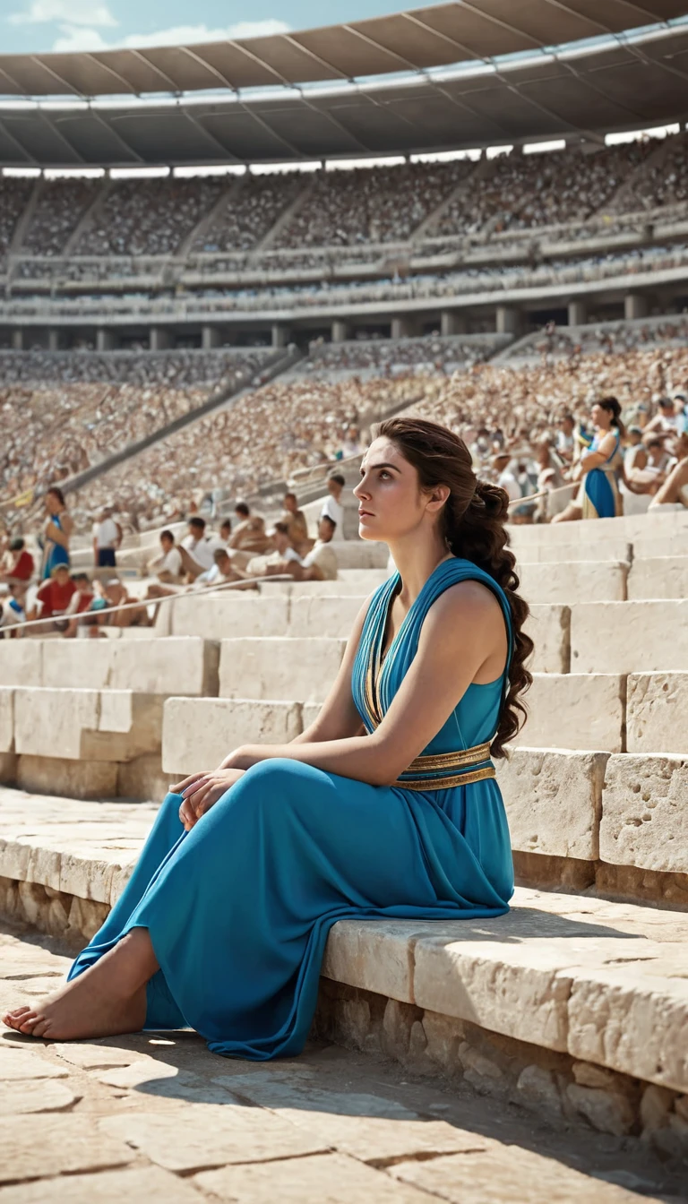 Create a photorealistic, 32K resolution image depicting a scene from Ancient Greece where a woman is sitting sadly outside the Olympic arena. Capture high quality, realism, and intricate details, showing the vibrant activity of the male athletes competing inside the arena, while the woman sits dejectedly beyond the boundary. Include elements of traditional Greek architecture and attire, and ensure the background reflects the grandeur of the event and the natural beauty of the landscape. Highlight the contrast between the lively atmosphere inside the arena and the woman's exclusion from the event