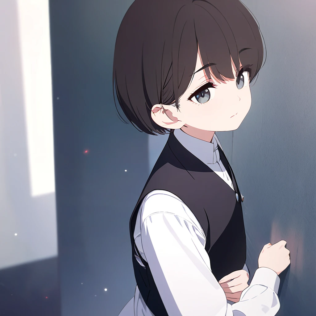1 boy, black hair, short hair, detailed hair, black eyes, detailed eyes, looking at viewer, upper body, standing, black vest, white dress shirt, long sleeves, no smile, simple background, solo, ((( ultra detailed))), (((best quality))), ((masterpiece))