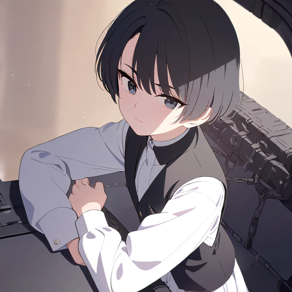 1 boy, black hair, short hair, detailed hair, black eyes, detailed eyes, looking at viewer, upper body, standing, black vest, white dress shirt, long sleeves, no smile, simple background, solo, ((( ultra detailed))), (((best quality))), ((masterpiece))
