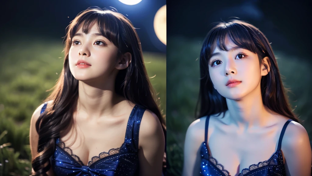 A very cute face like an idol、Looks like a young face、20-year-old female、Gentle and cute、Cleavage、Beautiful moon and starry night、(Looking up at the night sky)、Moonlight only、((Dim lighting))、RAW Photos、Genuine、live-action、（Romantic)、(Artistic Expression)、(Fantasy)、High resolution、masterpiece