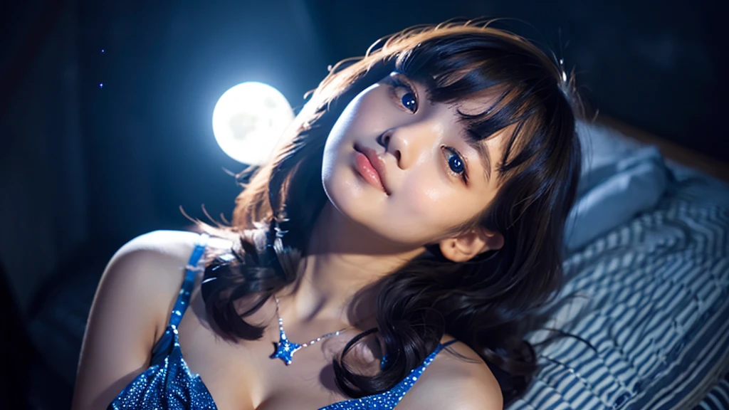 A very cute face like an idol、Looks like a young face、20-year-old female、Gentle and cute、Cleavage、Beautiful moon and starry night、(Looking up at the night sky)、Moonlight only、((Dim lighting))、RAW Photos、Genuine、live-action、(Romantic)、(Artistic Expression)、(Fantasy)、High resolution、masterpiece