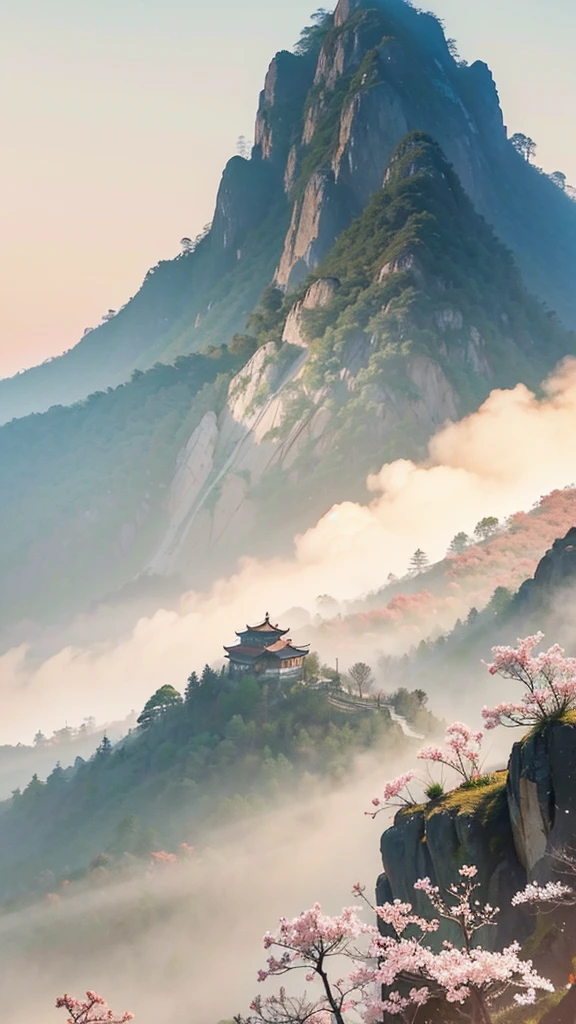 The famous Yandang Mountain，There are flowers and trees nearby，So majestic，So spectacular!，Chinese Ink Painting，Zhang Daqian style，traditional Chinese painting，Lots of white space，Rice background，Soft colors，Improved color matching，Master award-winning works，Super detailed，32k ultra hd