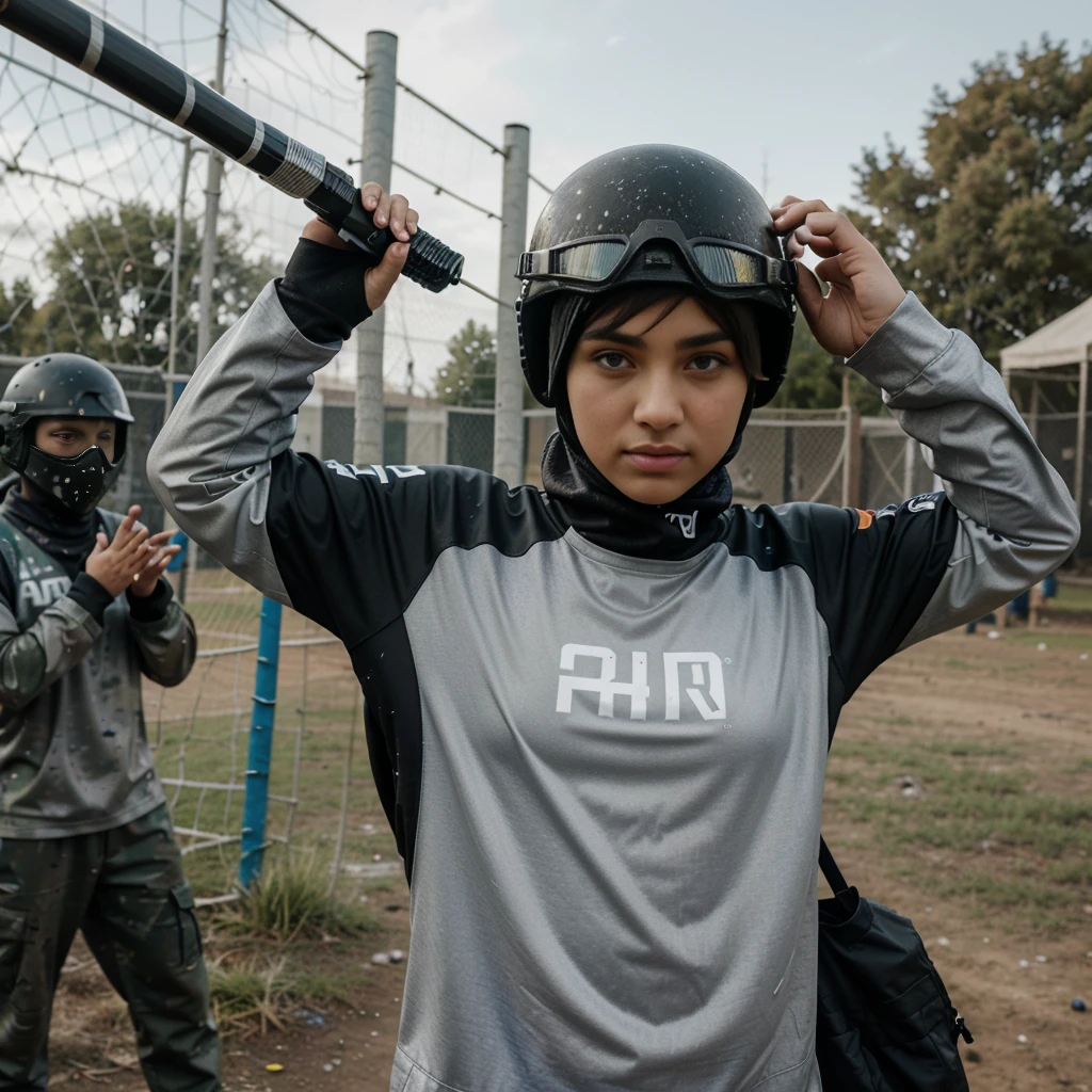 picture of a man wearing a gray paintball uniform, side-banged hair, both hands raised up as a sign that he is giving up because he lost playing paintball, several splashes of paintball paint can be seen on the man's uniform, his right hand is holding his goggles helmet, next to him is his enemy, a hijab woman wearing a black paintball uniform , the hijab woman points her paintball marker at the man's collar, the blurry background shows the atmosphere of a paintball arena in a field, realistic, cinematic, very detailed, very complex