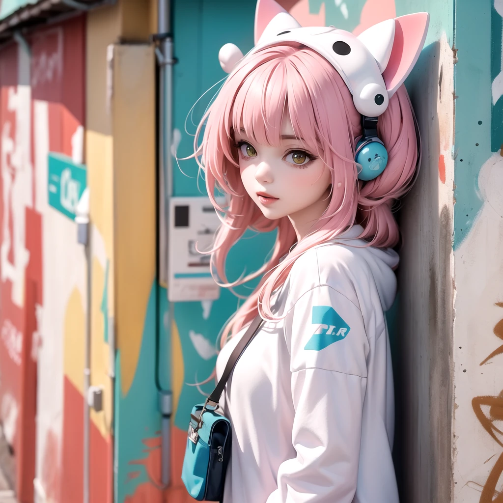 Back alley, Street graffiti on the wall, Splashes of paint, Cyber style,Cat-eared lady