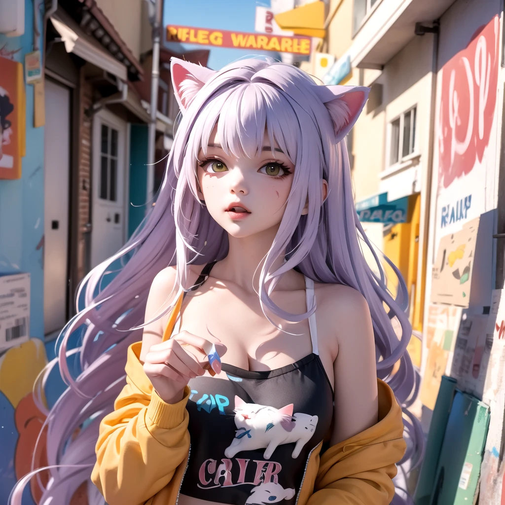 Back alley, Street graffiti on the wall, Splashes of paint, Cyber style,Cat-eared lady
