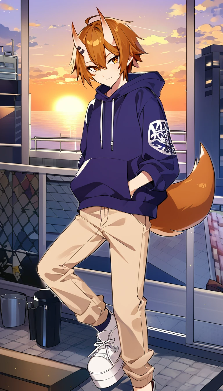 A 16 years old boy, white shoes, Latte coloured jeans, sunset design hoodie, oni horns, fox tail,