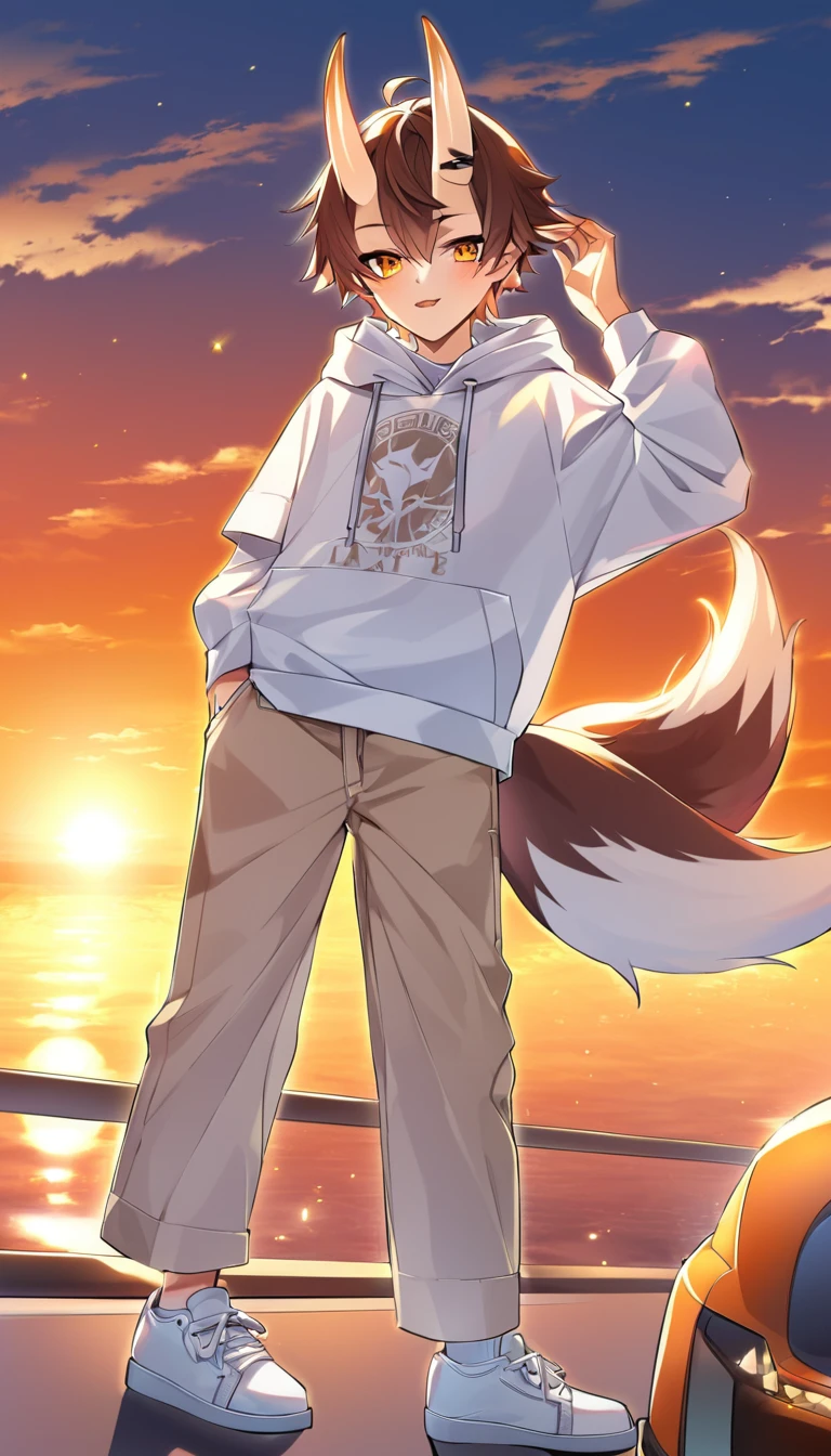 A 16 years old boy, white shoes, Latte coloured jeans, sunset design hoodie, oni horns, fox tail,