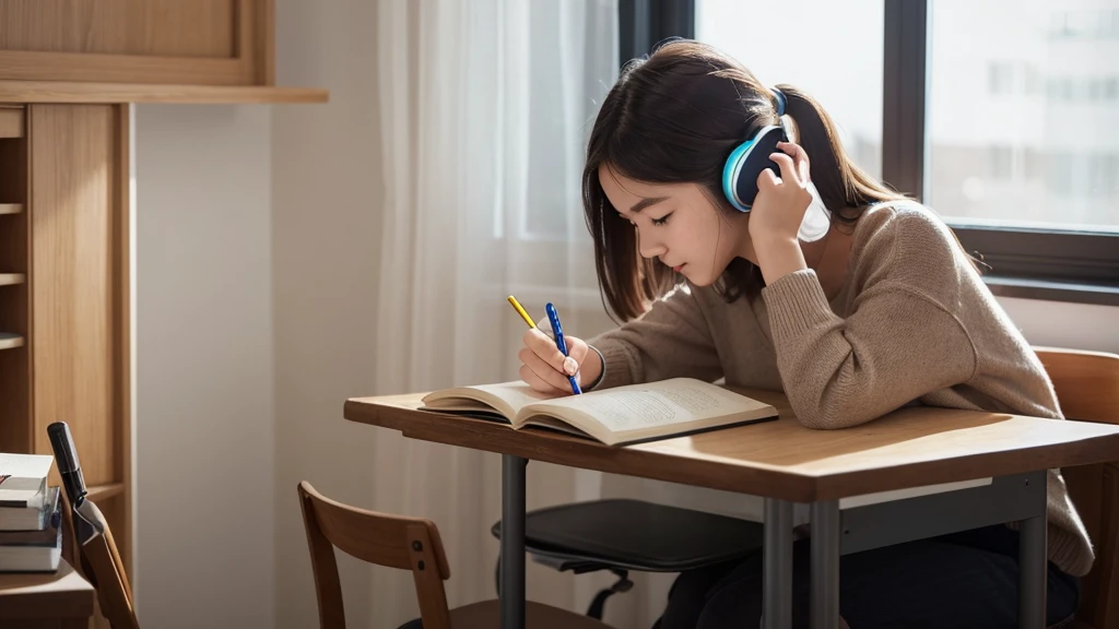 An 18-year-old woman with a heart-shaped face, blemish-free white skin, brown hair, and distinct features. She is studying alone in her room, taking notes in a book. The room is calm and has lighting, and the stars twinkle outside the window. You can see her side profile. The night view is shining outside the window. There is a pencil holder for writing utensils in front of her. She wears headphones and listens to music. Her eyes are on the book. The room has a modern interior.