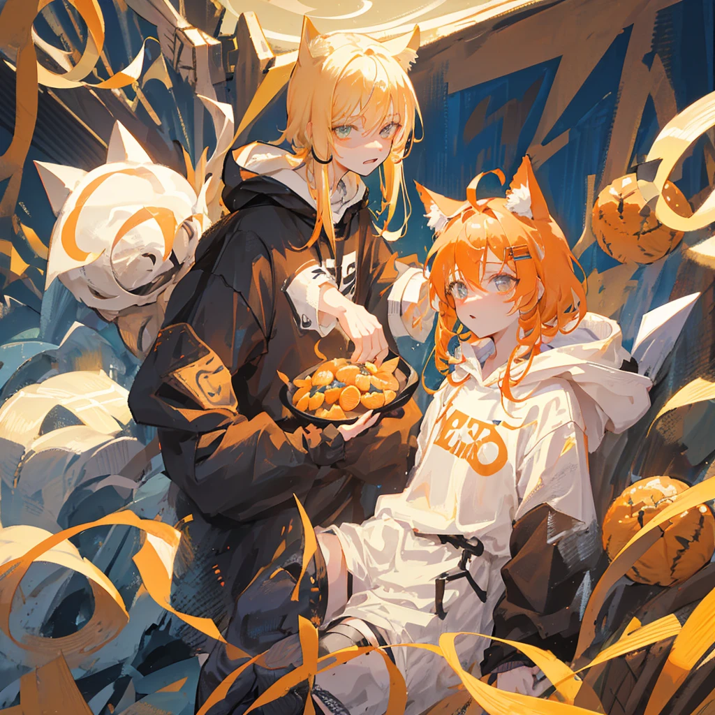 gender: male eyes: Oranges Hair: almost white blonde. 
Age: mid-adult adolescent Skin: king. 
Place: desert clothing: black hoodie with cat ears. 
expression: naughty.
Image type: that only his face can be seen. May it only be one person, not two.