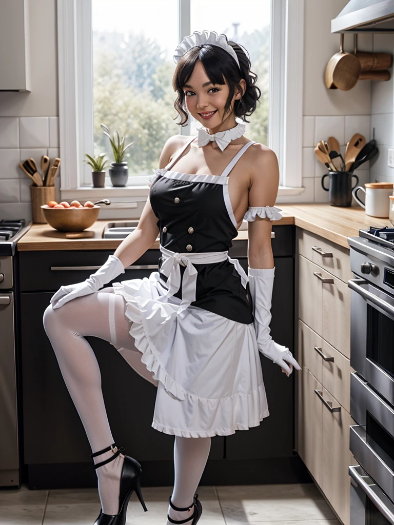  french maid uniform, European cute face,maid apron, maid headdress, wearing a silver salad bowl on head,waist apron, bare shoulders, black dress, black pantyhose,smile, frilled apron, black high-heeled shoes, white bow, shoes, elbow gloves, 1girl,white apron, black gloves, buttons, white bowtie, black collar, kitchen 