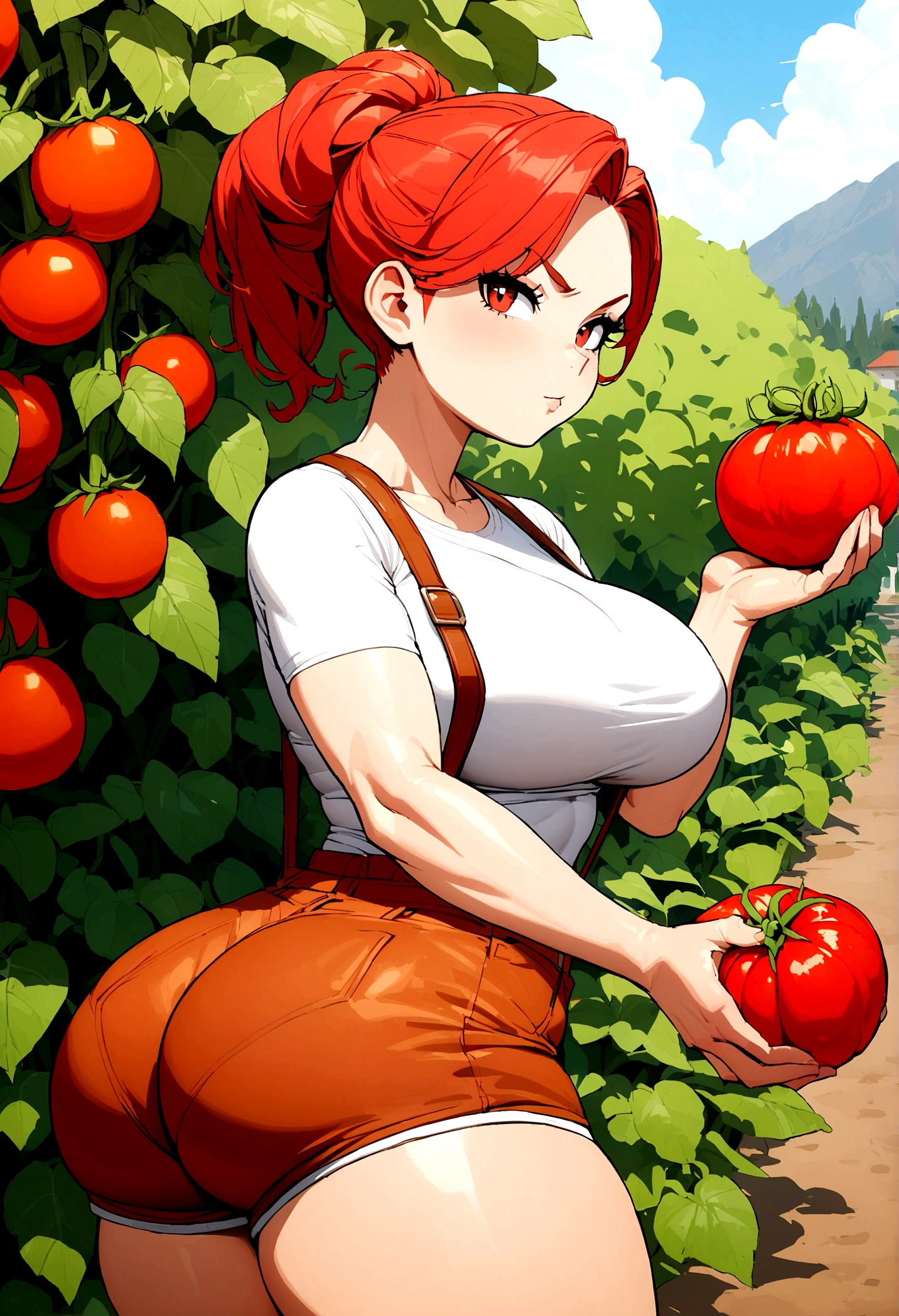 young redhead, busty, with huge tits, narrow waist, in suspenders, wearing tight shirt, shorts, in the garden, harvesting tomatoes, grinning, fat ass