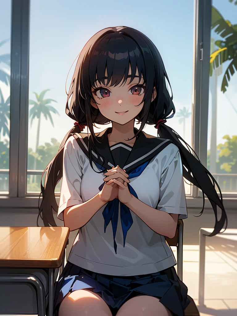 1girl, sitting, (join palms together:1.4), own hands together, praying, hands next to face, smile, (close mouth),15yo,
classroom, indoors, school chair, school desk, (low twintails girl), low pigtails, hair ribbon  white, very long black hair,
white serafuku with blue ribbon, navy-blue collar, navy-blue skirt,
(dark brown eye), afternoon, summer,
school,
(from front:1.4), upper body,
anime, high brightness, detailed face, detailed eyes,
(high quality, ultra detailed, masterpiece, FHD)