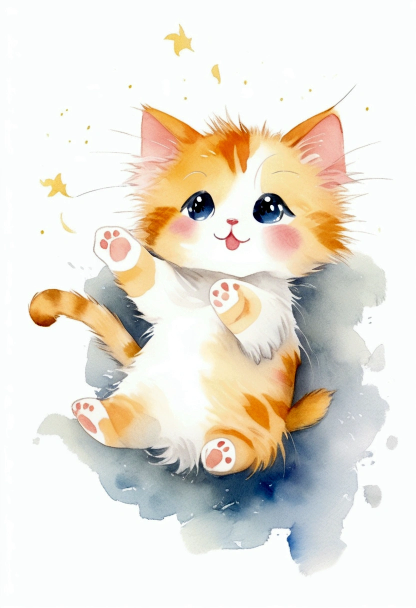cute, Cat, White Background, chibi, Fluffy fur, watercolor, 和Cat, Stretching oneself, 子Cat, One