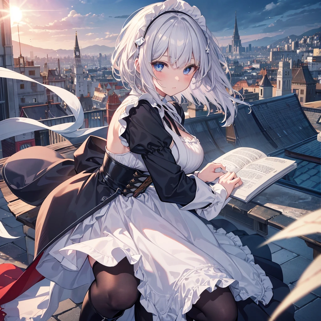 Illustration of one person, Dengeki Bunko, Woman Looking Back, Perfect Human Medicine, Woman keeps falling, {{{{{Maid clothes}}}}},Small Tits,anime, Two legs, Cool,{{{{{50 year old woman}}}}} ,{{{{{a person is depicted}}}}},(Official Art、{{{{{Upper Bodyアングル}}}}},Highest quality、Unity 8k wallpaper、32k、masterpiece、Ultra-detailed、Ultra-high resolution, Realistic、Grab your hair with your hands, Photorealistic:1.2)、(Cinema Lighting:1.2)、,Fire Glow Effect、The most grainy shadows on the film、Rim Light、Side light、Side Shot、(Ultra-detailedで複雑な3Dレンダリング)、Very short hair, Short wolf hair,細部までBeautiful Faceと目、Sharp pupils、Realistic生徒、Slender、Highly detailed background、Beautiful Face、Beautiful 16 year old girl、(Ultra-detailedなスキン、Detailed skin texture:1.Silver Hair:1.3)、Blunt bangs、blue eyes、{{{{{黒いMaid clothes}}}}}、White apron costume、Black knee socks、(Thighs Thighs Thighs Thighs:0.8)、Black Bhutanese sticks and a beautiful sunset、Medieval castle、Dancing on the Tower Roof、(avert your eyes、Overlooking the city:1.3)、Fantastic、Close your mouth and bite, Makes your face smaller, (Tabletop), Highest quality, Perfect Face, 1 Girl, alone, Eye color is light blue, Hair between the eyes, Very Short Hair, blue eyes, Silver Hair, Knee-high boots, corset,Black gloves, Long sleeve, Upper Body,