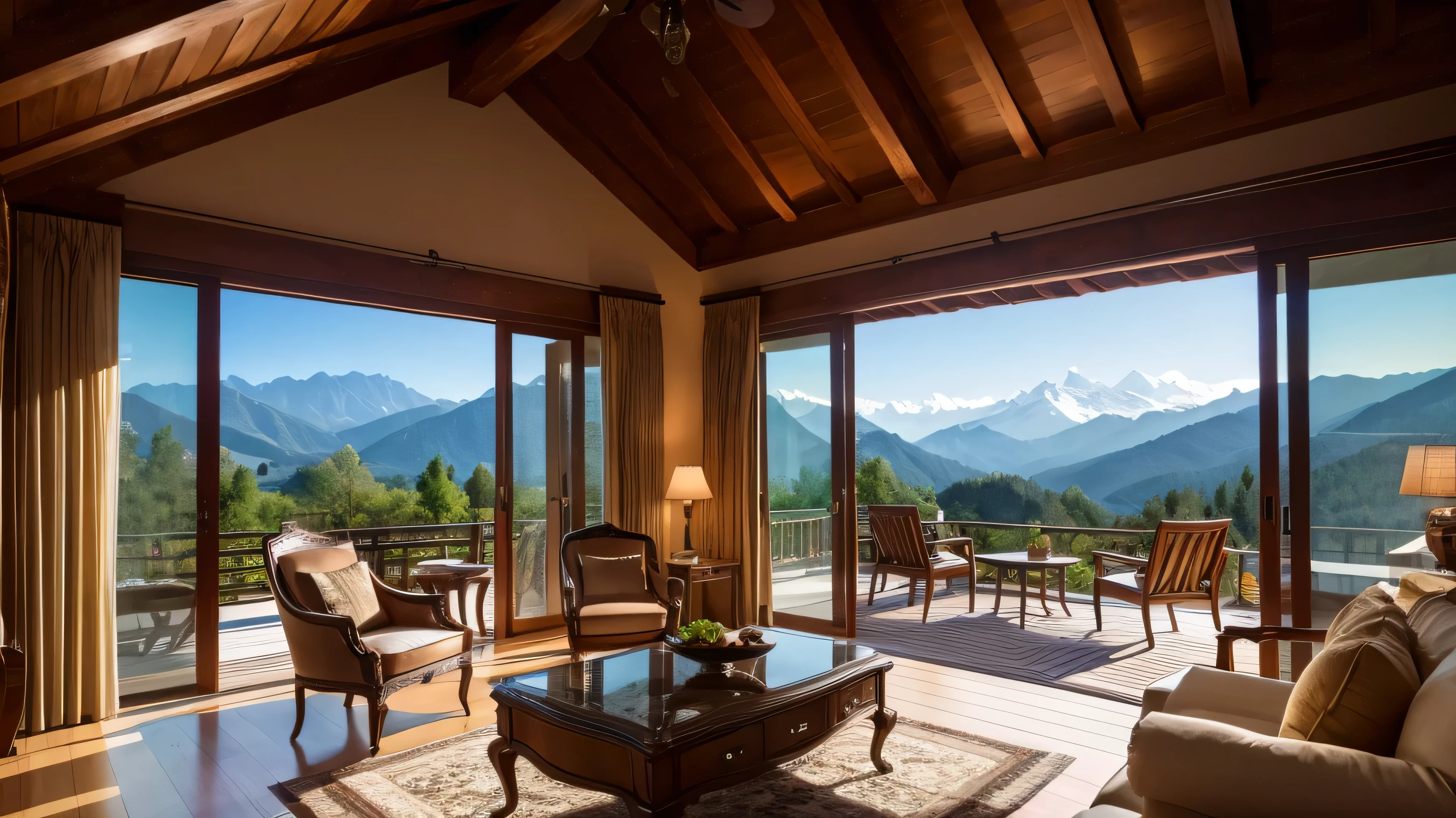 Luxury villa in the mountains、indoor、Luxury furniture、luxury interior、Mountains seen from the window々、8K,