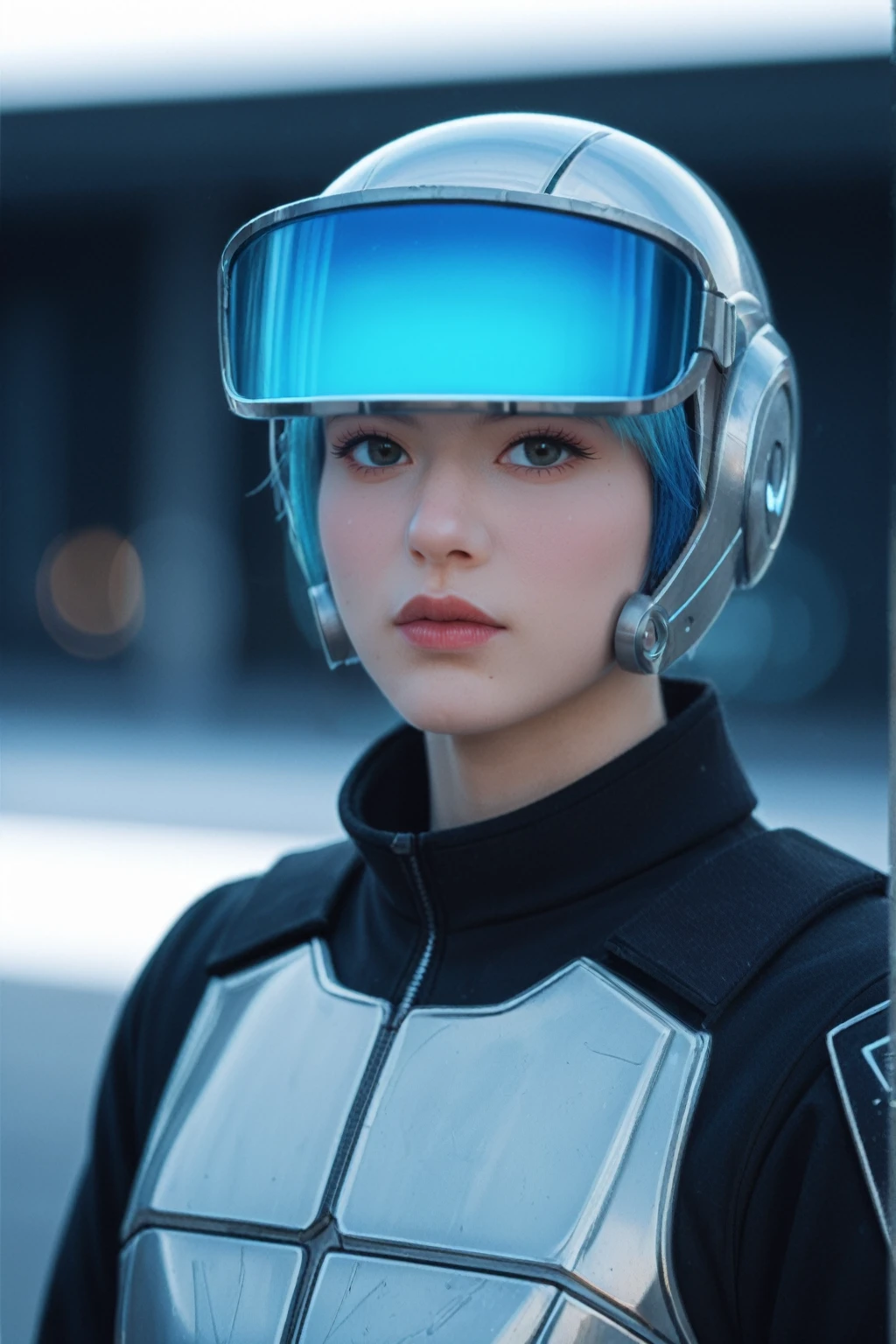 score_9, score_8_up, score_7_up,
futuristic sci-fi portrait, highly detailed helmet with visor, light patterns, neon blue highlights, dark sleek surfaces, intricate textures, advanced technology, subtle reflections, imposing stance, mysterious aura, blurred urban background, bokeh lights, video game armor, movie concept art, advanced soldier, cybernetic character
