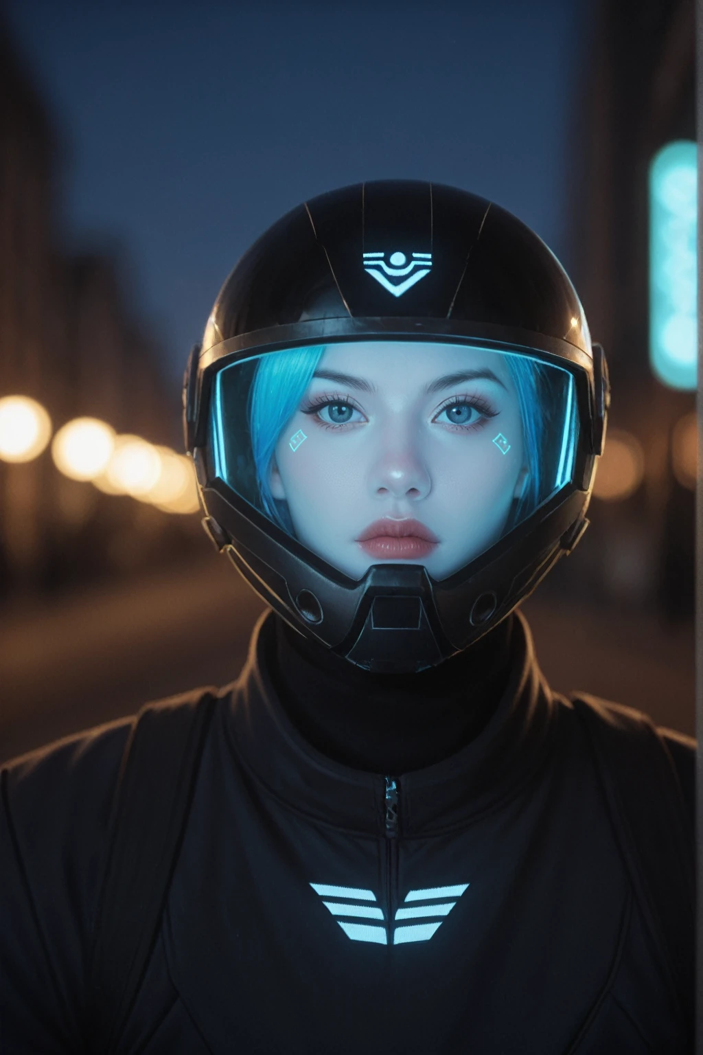 score_9, score_8_up, score_7_up,
futuristic sci-fi portrait, highly detailed helmet with visor, light patterns, neon blue highlights, dark sleek surfaces, intricate textures, advanced technology, subtle reflections, imposing stance, mysterious aura, blurred urban background, bokeh lights, video game armor, movie concept art, advanced soldier, cybernetic character