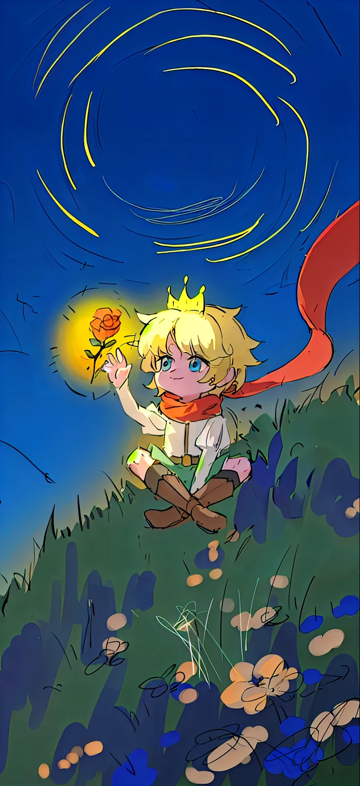 8K,Improved image quality、Fine carving、Background details、Clarity!!Sunset 、Starry Sky,, Prince、The Little Prince sits on the grass,Holding a red rose,Starry Sky,lawn,Blue and flowers,Picture Books、fairy tale、