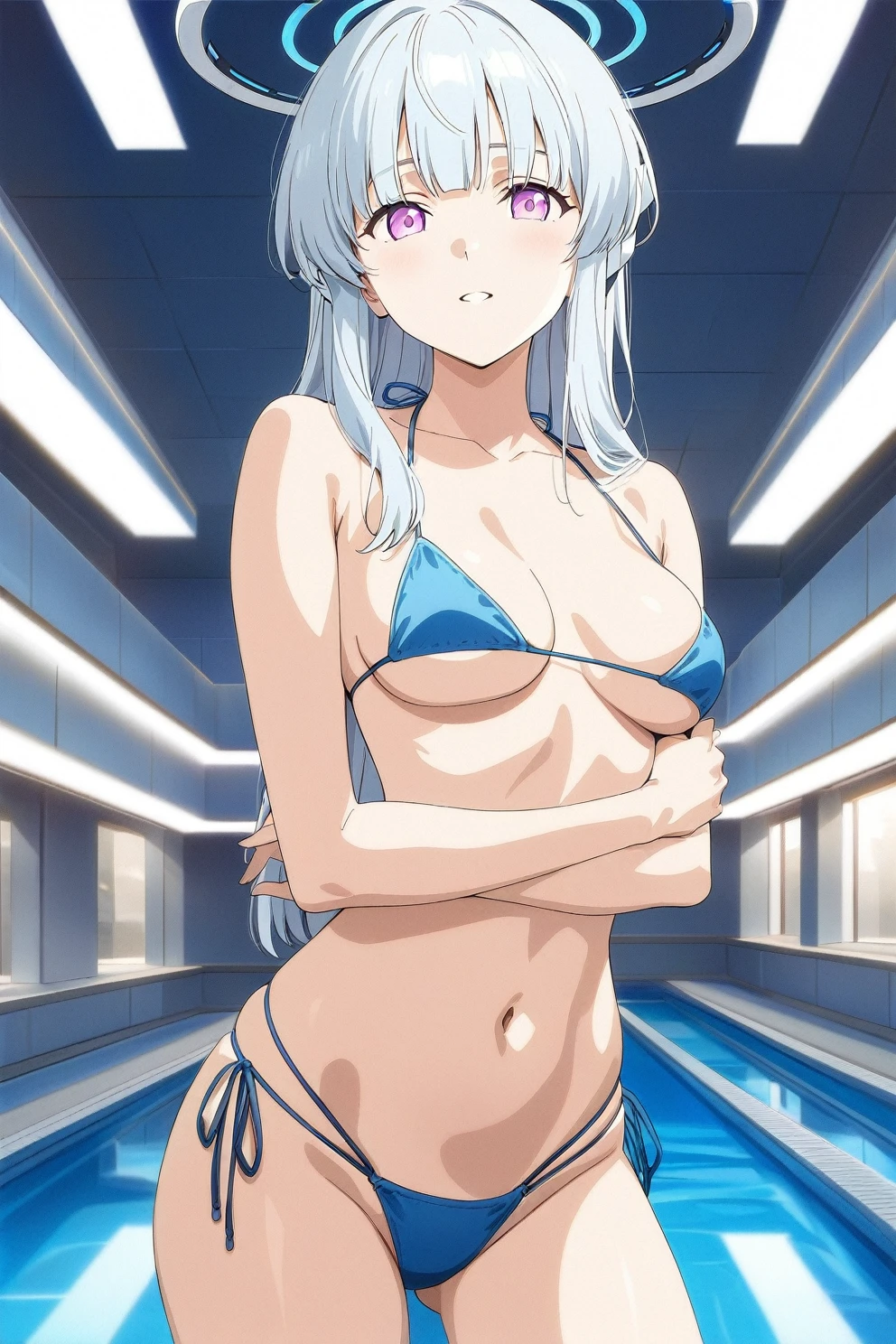 best quality, amazing quality, very aesthetic, absurdres, (1girl, noa, blue archive, solo, purpel eyes), (realistic face:0.9),(string bikini:1.8), (glare, thigh:1.3), (cowboy shot), (glowing eyes), (half closed eyes:0.9), (Soft Light:1.7), (official art:1.3), (pool), expressive eyes, perfect face, extremely detailed eyes, perfect anatomy, smooth skin, (pool background:1.5), clear eyes, beautiful face, medium breasts, (anime style:1.7), (highres:2), (Chiaroscuro),