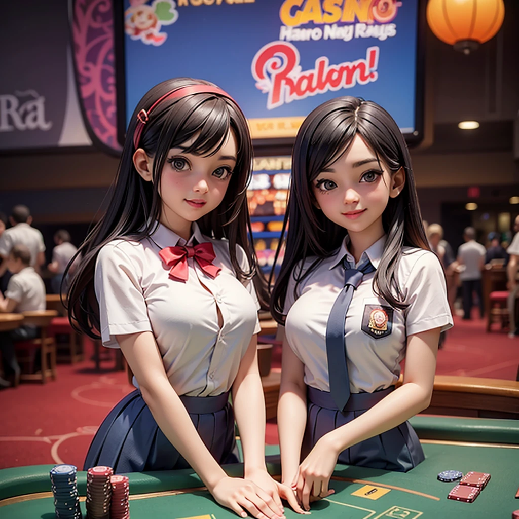 ((best quality)), ((masterpiece)), (detailed), happy and smile, {{indonesian girl}}, {wearing high school uniform}, teasing and waiting customer play, standing, playing in casino, red casino background, polite and kind, Sweet Face, roulette table, poker table, big slot machines right and left, win jackpot, {{no headwear, no hat}}, private casino, crowded gambling area in background, so crowded, so many people, las vegas, american, illusions, halloween casino, dont wear hat, no headwear, no hat, together with thailand and vietnam girl, 