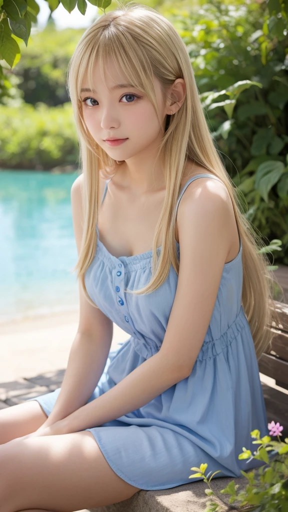 1 Girl、blue sky、明るくてとてもbeautiful顔、young, Shiny white skin、Best Looks、Blonde hair that reflects the light brilliantly、光沢のあるbeautifulブロンドの髪を持つ、Super long hair、Long bangs、非常にbeautiful17歳、beautiful、Adorable、beautiful女の子、ummer