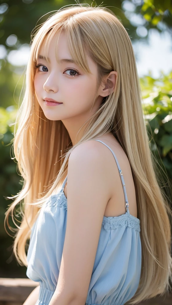 1 Girl、blue sky、明るくてとてもbeautiful顔、young, Shiny white skin、Best Looks、Blonde hair that reflects the light brilliantly、光沢のあるbeautifulブロンドの髪を持つ、Super long hair、Long bangs、非常にbeautiful17歳、beautiful、Adorable、beautiful女の子、ummer