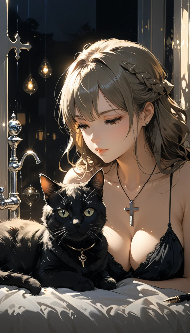 in style of Ashley Wood, (head leaning:1.3),1girl,cat,front view,Fountain Pen stroke style,round windows,bed,romantic mood lighting,pendant,cat between cleavage,sit cross-legged on the bed,upper_body,close-up,