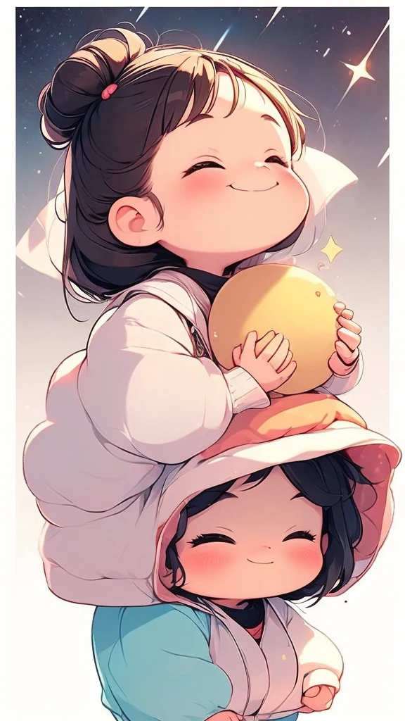 a girl and starry sky characters, both holding hands while smiling, 1girl, solo, sparkle, hat, black hair, white background, smile, jewelry,Cheerful girl