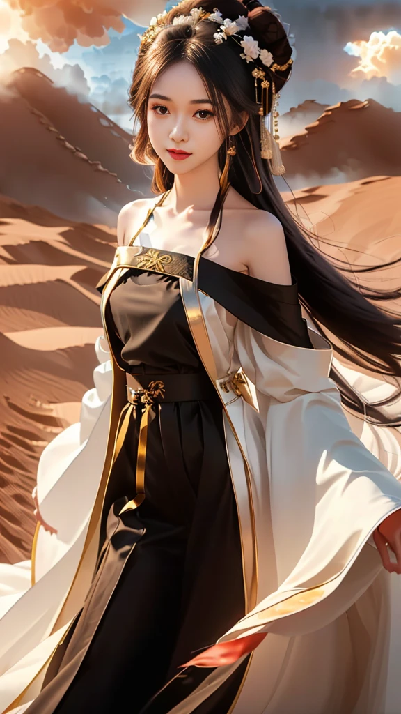 Girl in traditional Chinese clothing, Hanfu, Guzhen Hanfu women, White Hanfu,(long straight black hair:1.5), black eyes, black bun hairstyle, hair accessories ,gold long earrings, , Dia Necklace, Clear eyes, Facing forward,put on makeup, Long eyelashes ,(black long shoulder coat:1.8), (Very long skirt, black:1.5), ((Whole body covering)), Clear face, hair accessoriesจำนวนมาก , (Very beautiful face, Beautiful mouth, beautiful eyes), detailed face, ((Ultra-fine skin)), In the dark, deep shadows, an ancient Chinese girl (Very slim figure 1.3) ,Plump breasts, elegant posture , There is a red flower spot on the forehead. , pointing at the camera, (desert storm:1.9),(nighttime:1.2) , (White aura around:1.6)