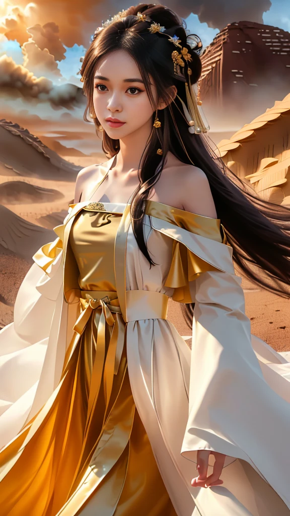 Girl in traditional Chinese clothing, Hanfu, Guzhen Hanfu women, White Hanfu,(long straight black hair:1.5), black eyes, black bun hairstyle, hair accessories ,gold long earrings, , Dia Necklace, Clear eyes, Facing forward,put on makeup, Long eyelashes ,(black long shoulder coat:1.8), (Very long skirt, black:1.5), ((Whole body covering)), Clear face, hair accessoriesจำนวนมาก , (Very beautiful face, Beautiful mouth, beautiful eyes), detailed face, ((Ultra-fine skin)), In the dark, deep shadows, an ancient Chinese girl (Very slim figure 1.3) ,Plump breasts, elegant posture , There is a red flower spot on the forehead. , pointing at the camera, (desert storm:1.9),(nighttime:1.2) , (White aura around:1.6)