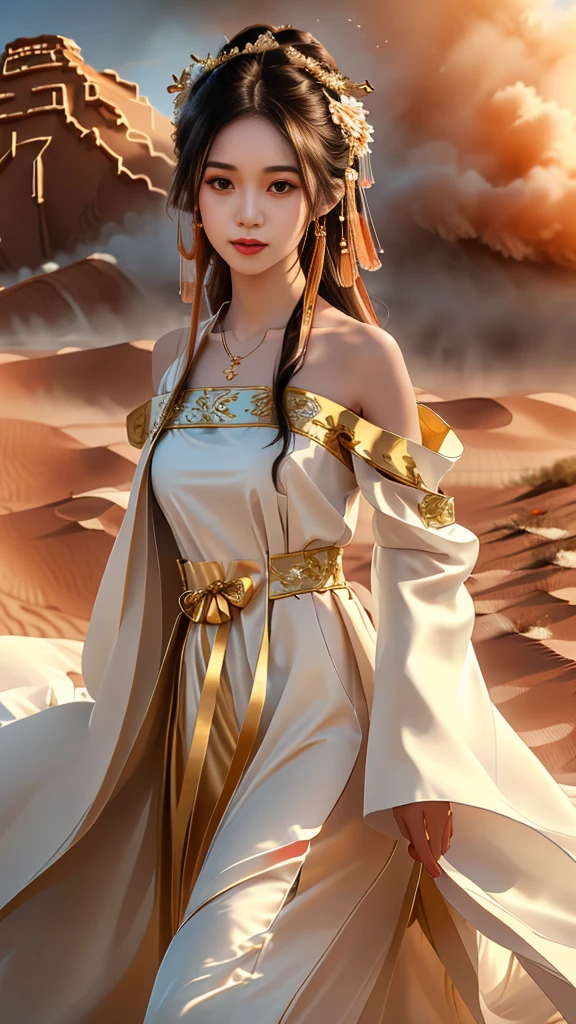 Girl in traditional Chinese clothing, Hanfu, Guzhen Hanfu women, White Hanfu,(long straight black hair:1.5), black eyes, black bun hairstyle, hair accessories ,gold long earrings, , Dia Necklace, Clear eyes, Facing forward,put on makeup, Long eyelashes ,(black long shoulder coat:1.8), (Very long skirt, black:1.5), ((Whole body covering)), Clear face, hair accessoriesจำนวนมาก , (Very beautiful face, Beautiful mouth, beautiful eyes), detailed face, ((Ultra-fine skin)), In the dark, deep shadows, an ancient Chinese girl (Very slim figure 1.3) ,Plump breasts, elegant posture , There is a red flower spot on the forehead. , pointing at the camera, (desert storm:1.9),(nighttime:1.2) , (White aura around:1.6)