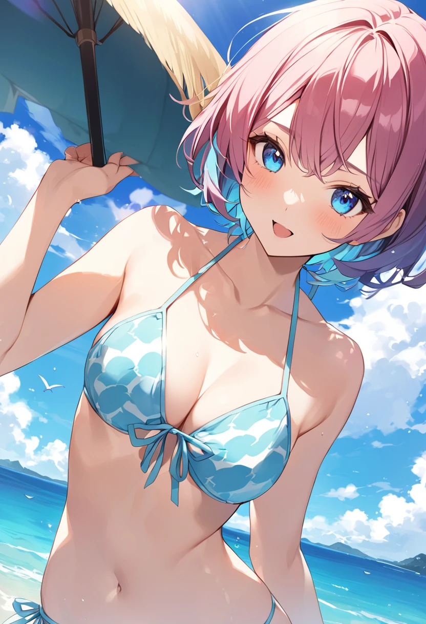 summer、Ocean、blue sky、Bikini color is random、beautiful girl、sexy、Short Hair、Hair color is random
