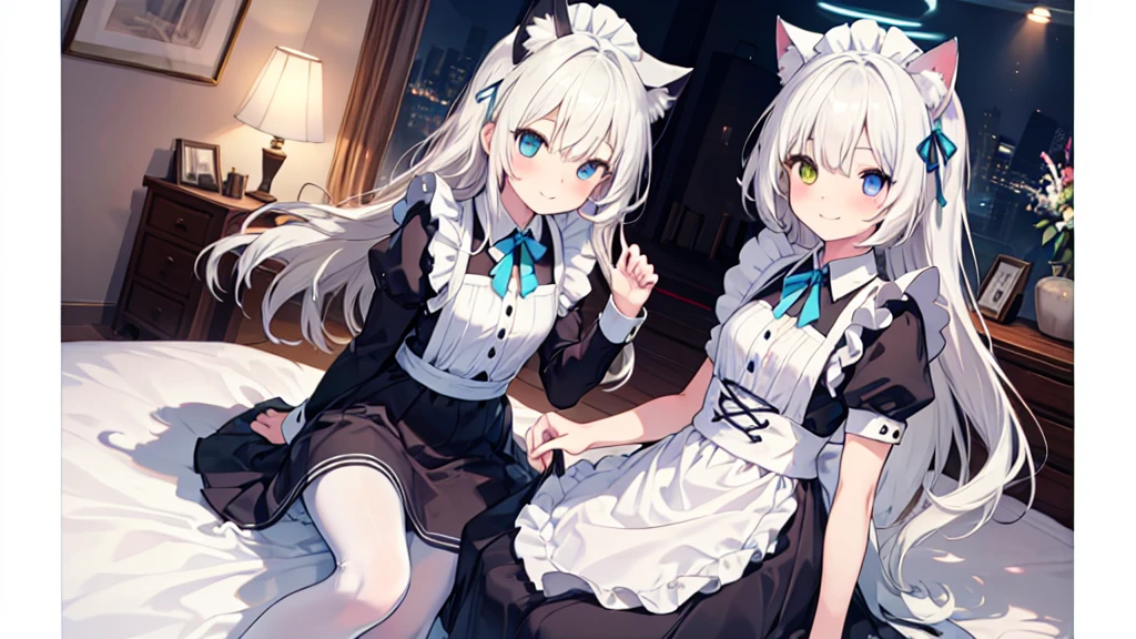 Maid costume，White pantyhose，White hair，Long hair，Cat ear，Heterochromia blue-yellow，Smile，Female face，There are bright spots in the eyes，Female hands，White little hands，Normal fingers，flat chest，2 people，in the room，One of them lies on top of another