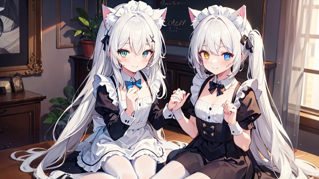 Maid costume,White pantyhose,White hair,Long hair,Cat ear,Heterochromia blue-yellow,Smile,Female face,There are bright spots in the eyes,Female hands,White little hands,Normal fingers,flat chest,2 people,in the room,One of them lies on top of another
