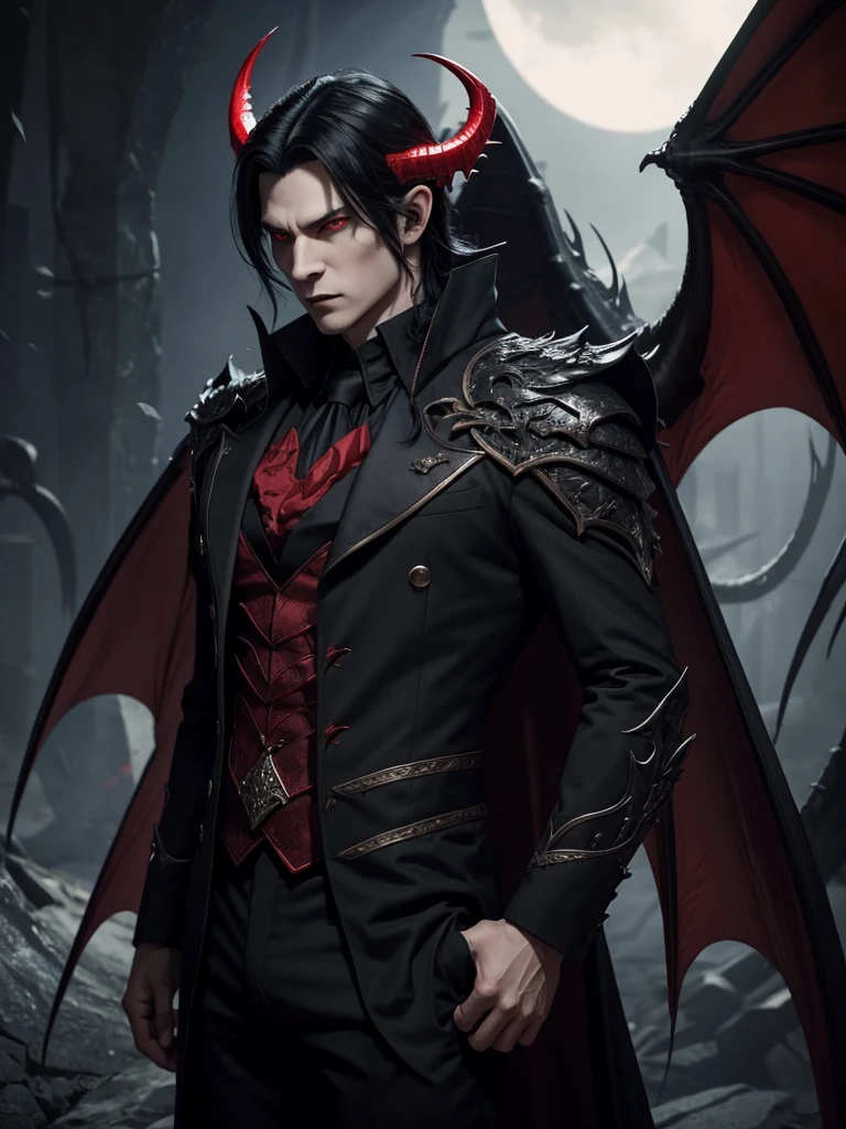 a male vampire, pale, huge dragon wings, heart tipped demon tail, high quality, great resolution, serious look, Red eyes, medium horns, long black hair, count suit, red halo like crown