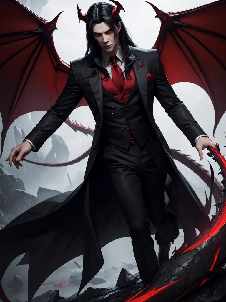 a male vampire, pale, dragon wings, heart tipped demon tail, high quality, great resolution, serious look, Red eyes, medium horns, long black hair, count suit