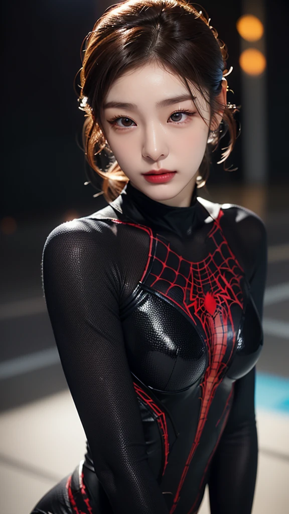 tmasterpiece,1 Korean girl，realisticlying，8K  UHD，high high quality，in the background bokeh, white spider-man suit，Spidey，Clothes wrap around the whole body，Tight clothing，Abs contour，Short black hair，s the perfect face，shining face，Ultra-clear face，Elaborate Eyes，idoly