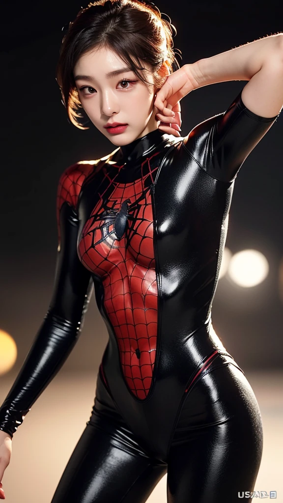 tmasterpiece,1 Korean girl，realisticlying，8K  UHD，high high quality，in the background bokeh, white spider-man suit，Spidey，Clothes wrap around the whole body，Tight clothing，Abs contour，Short black hair，s the perfect face，shining face，Ultra-clear face，Elaborate Eyes，idoly